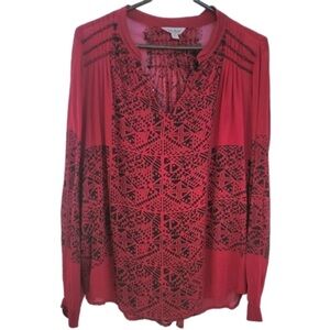 LUCKY BRAND Red Black Geometric Print Blouse Sz M Long Sleeve Rayon Semi-Sheer